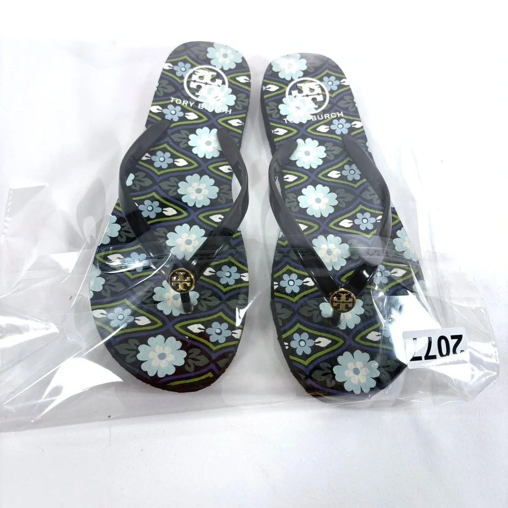 Tory Burch Flip Flop Sandals Black Floral Logo Thong Rubber Shoes Women Sz 9
